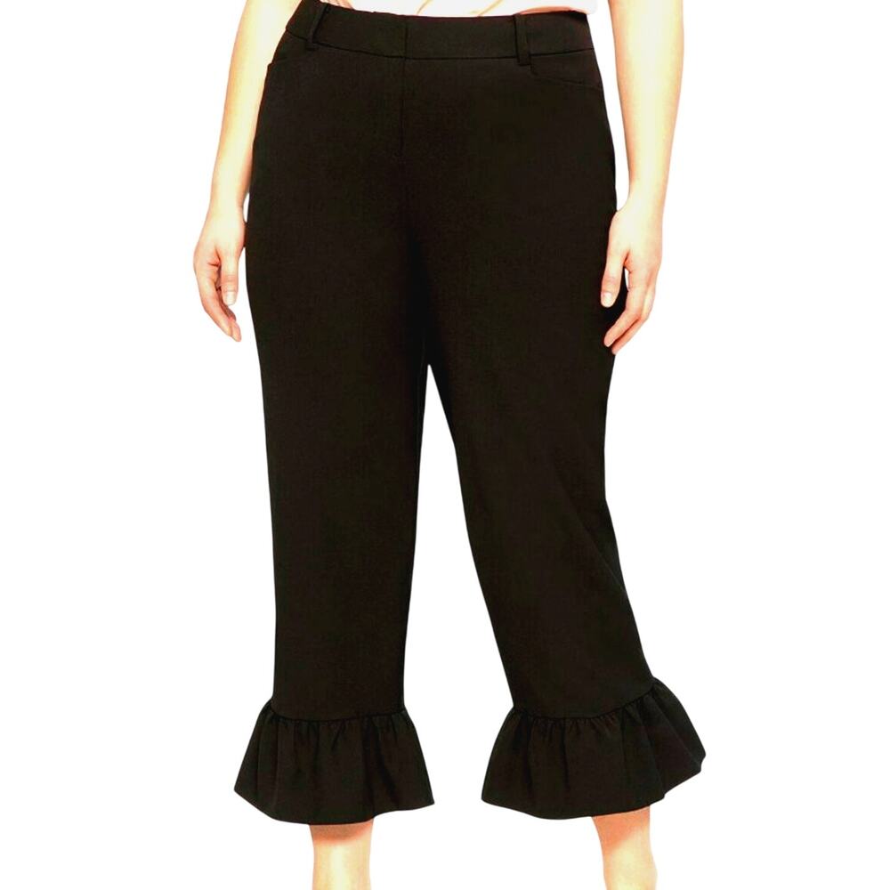 ELOQUII Women's 16 Black Crop Ruffle Hem Trousers Pants Pockets Belt Loop Career